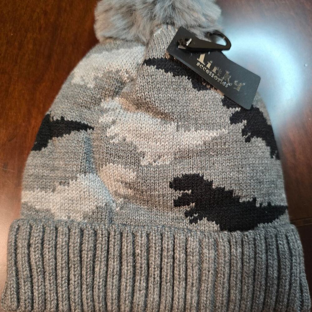 Minky Gray Dinosaur Pom Pom infant Beanie Hat NWT